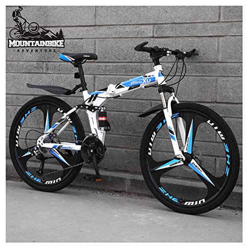 MEVZHH Bicicleta de Sendero de Montañansión Doble 24 Pulgadas para Hombres Y Mujeres Adultos, Frenos de Disco Plegables para Bicicletas de Montaña, Mde Acero de Alto Carbono Y Asiento Ajustable/Azul 3