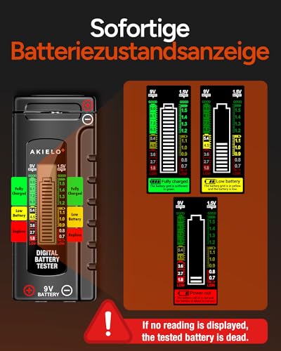 AKIELO+ Digitaler Batterietester (2er-Pack) mit LCD Anzeige – Universal Batterie Tester & präzises Batterieprüfgerät für Haushalt – Für AAA, AA, C, D, 9V & 1,5V Knopfzellen 4
