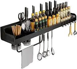 Prateleira Organizadora Cozinha - Porta Temperos e Condimentos com 8 Ganchos, Suporte para Facas, Talheres e Utensílios, 60cm, Preto, Não Perfura Paredes