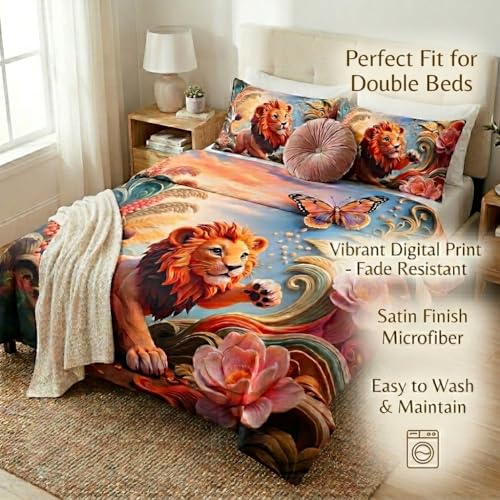 Image of Jungle 7D Printed Bedsheet for Double Bed | Glace Cotton 7D Digital Print | 90x100 Inch (228x254 cm) | 1 Bedsheet + 2 Pillow Covers | Soft, Breathable & Vibrant Colour Bedding Set