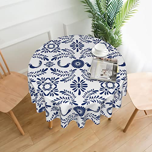 Cafl Round Tablecloth Blue And White Porcelain Floral Mexican Talavera Table Cloths Waterproof For Party Dining Holiday Banquet #TOP4