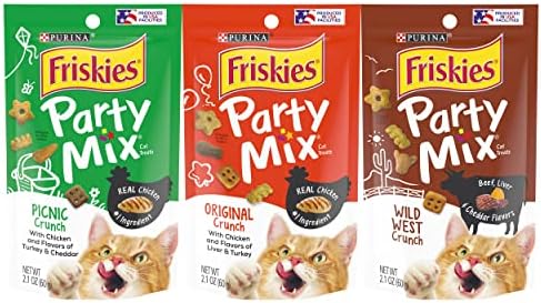 Friskies Purina Party Mix Cat Treats Variety Pack, 1 Pouch Picnic Crunch, 1 Pouch Original Crunch, 1 Pouch Wild West Crunch, 2.1 Ounce Pouches (Pack of 3)