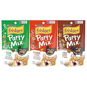 Friskies Purina Party Mix Cat Treats Variety Pack, 1 Pouch Picnic Crunch, 1 Pouch Original Crunch, 1 Pouch Wild West Crunch, 2.1 Ounce Pouches (Pack of 3)