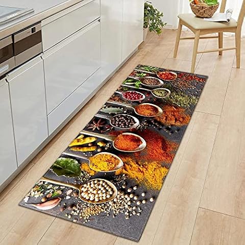 KINGGOO Kitchen Mat,Tableware & Spices 60 x 180cmcm Bath Non Slip Standing Runner Rugs Doormat Oil Resistant Washable Floor Mat for Kitchen Office Living Room Bedroom Bathroom Cover
