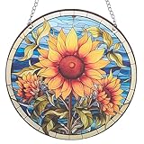CREATCABIN Sonnenfänger Mit Sonnenblumenmotiv Fensterbehänge Aus Acrylglas Fensterbehänge Dekoration Gelbe Sonnenblume Dekoration Kunst Runder Sonnenfänger Aufhängen Gartendekoration Geschenk 15x15cm