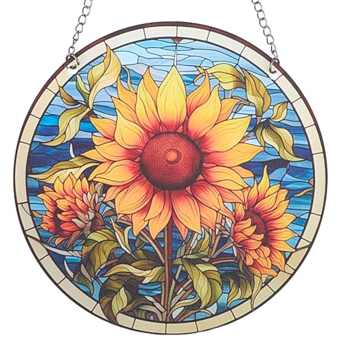 CREATCABIN Sonnenfänger Mit Sonnenblumenmotiv Fensterbehänge Aus Acrylglas Fensterbehänge Dekoration Gelbe Sonnenblume Dekoration Kunst Runder Sonnenfänger Aufhängen Gartendekoration Geschenk 15x15cm