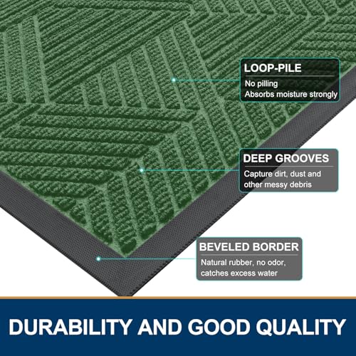 Smiry Front Door Mat Outside Entrance, Heavy Duty Sturdy Natural Rubber Doormat, Trap Dirt and Moisture, Easy Clean Low Profile Welcome Floor Mats for Indoor Outdoor Entry, 59x35 Inch, Green