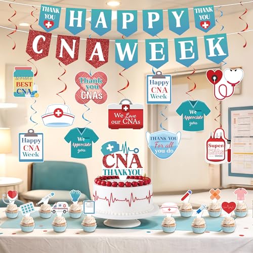 Happy CNA Week Party Decorations 2026 Nurses Week Banner Hanging Swirls Cake Toppers Nurse Appreciation Week Cake Decoration We Love Our CNAs Decor for Doctors Day Medical School Grad Party Supplies