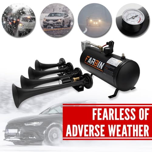Image of FARBIN 178DB Four Trumpet Horns Super Loud Air Horns with 150 PSI Air Tank Train Horn Kit for Truck with 12V Air Compressor Can for Truck Jeep SUV Train Metal (0.8 gal 12V Black Parallel Air Horn Kit)