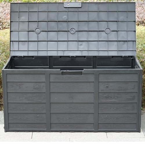 Gr8 Garden 300 Litre Black Plastic Storage Box Lid Patio Shed Utility Cushion Chest Wooden Fence Panel Effect Large Truck Indoor Outdoor Furniture - Image 6