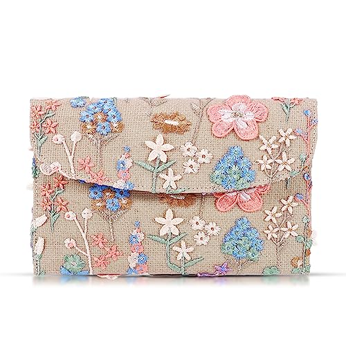 QTKJ Envelope Package, Clutch Purses for Women, Embroidered Flowers Straw Bag, Bohemian Handmade Handbags, Beach Bag for Vacation, Travel, Banquet (Beige)