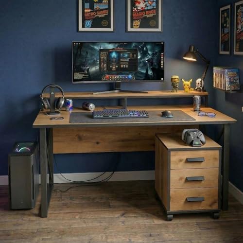 Image of FFO Wooden Gaming Desk with 3-Drawer Mobile Cabinet | Large Computer Table for Gaming & Home | Study & Workstation Desk with Sturdy Metal Frame | DIY Assembly | Oak Finish (150x60x75 cm, Brown)