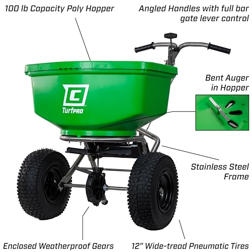 Image of Chapin 89400C Spreader, Lawn and Garden, 100Lbs, Contractor, TurfPro, Stainless Steel, Pull Behind,12 inch Tires, Weather-Proof, Poly Hopper, Side- Adjust Lever, Spreads Fertilizer and Seeds,