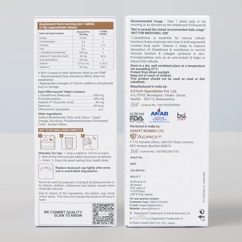 Image of Glutone 1000 Setria L-Glutathione Tablets for Radiant & Clear Skin | 600mg Premium L-Glutathione & Vitamin C | Skin glow Brightening Supplement | 15 Effervescent Tablets | Orange Flavor (Pack of 6)