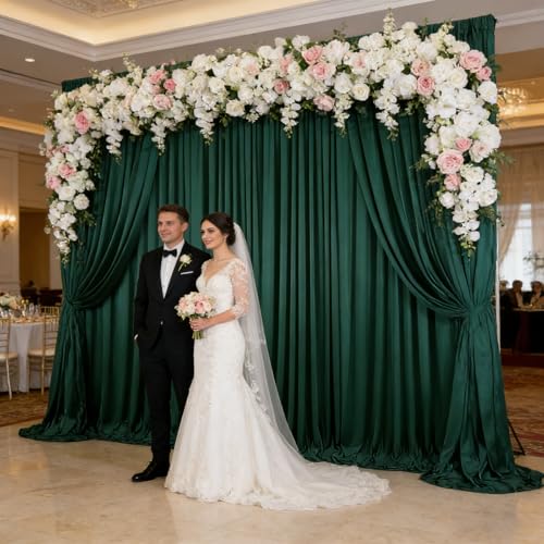 Image of 2 Panels Dark Green Backdrop Curtain, 10 x 10 Feet Polyester Background Curtains for Parties, Weddings, Baby Showers, Halloween, Christmas, Birthday Party Photoshoot Backdrop Curtains Decorations