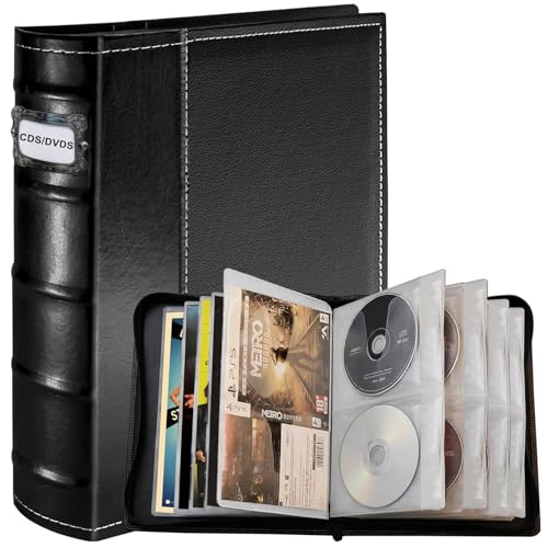 PUTNATRUE CD DVD Storage Binder Holds 56 Discs and 28 Booklets with Tag Slots Leather Wallet Organizer for Blu ray Movies Music Video Games Home and Car (White Pages)