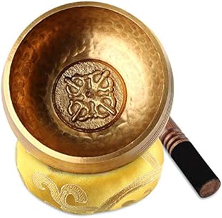 Klangschale 8cm Original Tibetische Klangschalen Set, Klangschale mit Klöppel und Kissen für Meditation Entspannung, Stress und Angst Relief, Singing Bowl aus Tibet (Golden)