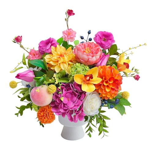 wreathqueen Artificial Flowers in Vase, Spring Summer Faux Floral with Silk Peony, Tulips and...