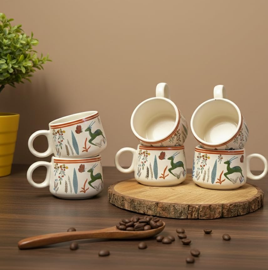 IZZYLYF 'Green Deer' Ceramic Tea Cups Set of 6 (150 ml Each) with Handle | Microwave & Dishwasher Safe | Elegant Cups for Tea Coffee Chai | Stylish Drinkware for Home Office Cafe Serving and Gifting 4