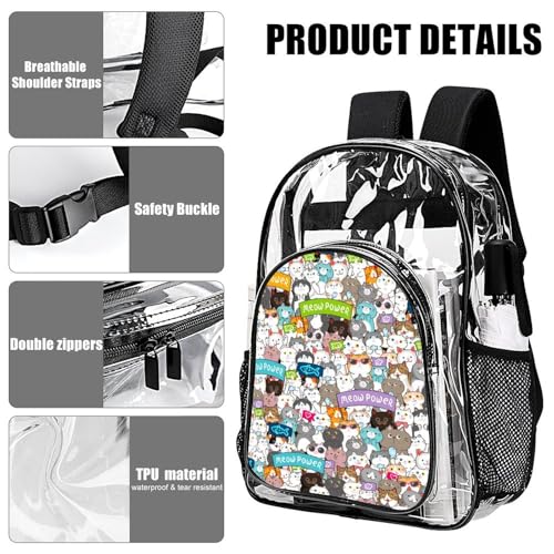 Clear Backpack Cute Cat Clear Bag, Heavy Duty PVC Transparent Backpack See Through Daypack, Large Capacity Clear Double Shoulders Backpack（Cute Cat）4