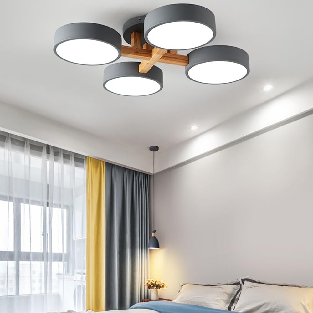 Lampa sufitowa LED, 4 światła, 61 cm, nowoczesna, podtynkowa, drewniana, 44 W, do salonu, sypialni, kuchni, kuchni, ściemniania, regulowana temperatura barwowa, szara