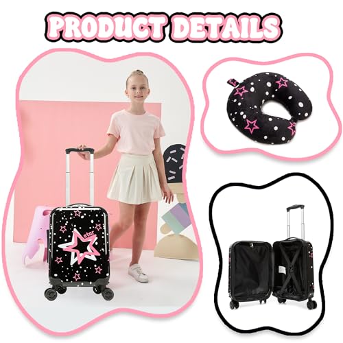 Image of Kid's Luggage Set 2 Piece Suitcase Set Hardside Luggage with Spinner Wheels Girls Carry on Toddler Travel Rolling Suitcase with Neck Pillow Airline Approved