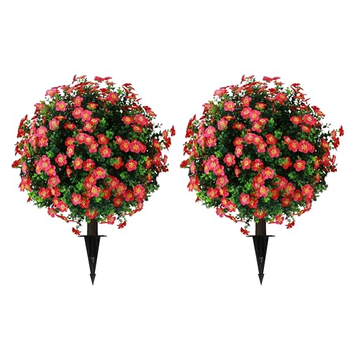 Sunnyglade Set of 2 Artificial Boxwood Topiary Ball Trees with Red Flower, Faux Shrub Bushes with Ground Spike 25.5″, UV Resistant Fake Boxwood Plants for Indoor, Garden, Porch, Patio Decor (Red)