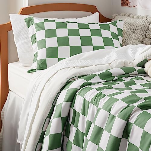Image of Bedsure Twin /Twin XL Comforter Set - Twin Extra Long Comforter Set, Checkered Dorm Bedding for Boys, 2 Pieces, 1 Soft Green Comforter and 1 Pillow Sham