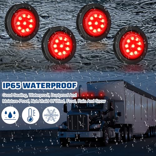 Image of Treela 16 Pcs 2 Inch LED Trailer Marker Lights, 10 LED Round Side Clearance Lamps with Rubber Flush Mount Grommet and 2 Prong Wire Pigtails, 12v Waterproof for Rv Truck Semi Trailer(Red)