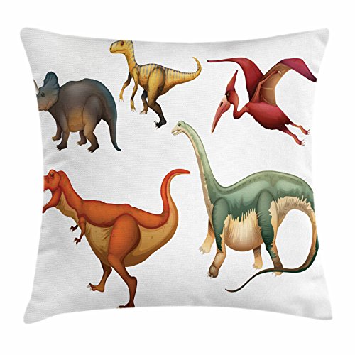 Lunarable Dinosaur Throw Pillow Cushion Cover, Variety of Dinosaurs Displayed on White Background Cartoon Style Illustrations, Decorative Square Accent Pillow Case, 40