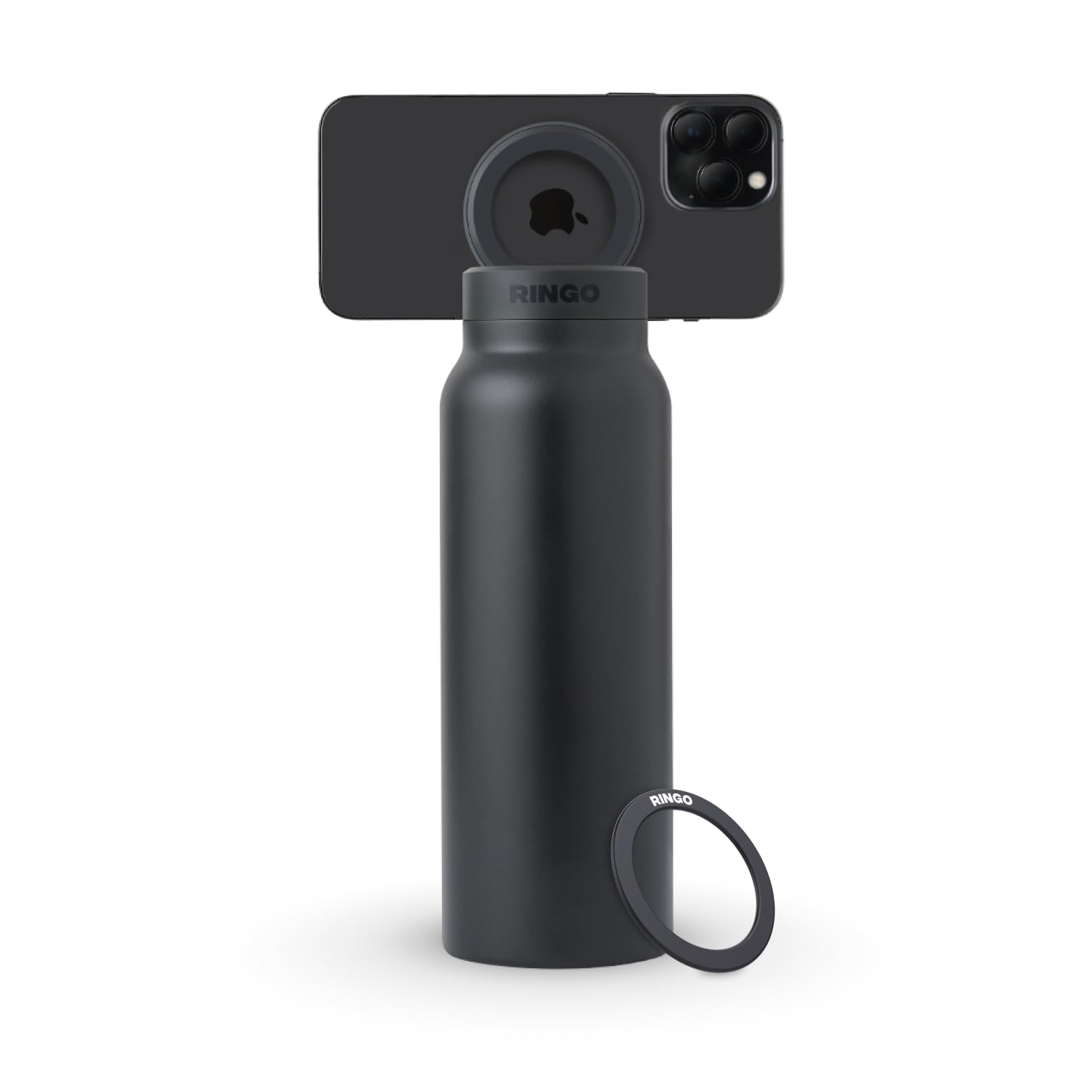 Insulated Water Bottle for iPhone w/Magnetic Phone Mount - Stainless Steel Water Bottle w/Tripod Phone Holder - Hot 12H, Cold 24H, 360° Rotate - Black 24oz - 0.7 Liters - Black