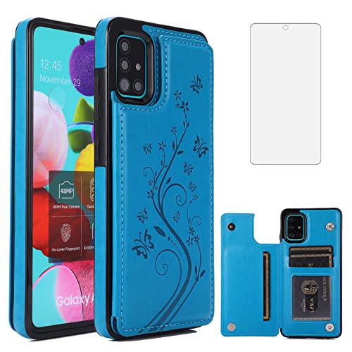 Phone Case for Samsung Galaxy A51 4G with Tempered Glass Screen Protector Card Holder Wallet Cover Stand Flip Leather Cell Accessories Glaxay A 51 Gaxaly M40S 51A A515F S51 Cases Women Men Blue