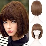 ByouByou Short Straight Brown Bob Wig with Bangs Synthetic Colorful Cosplay Daily Party for Women with Wig Cap