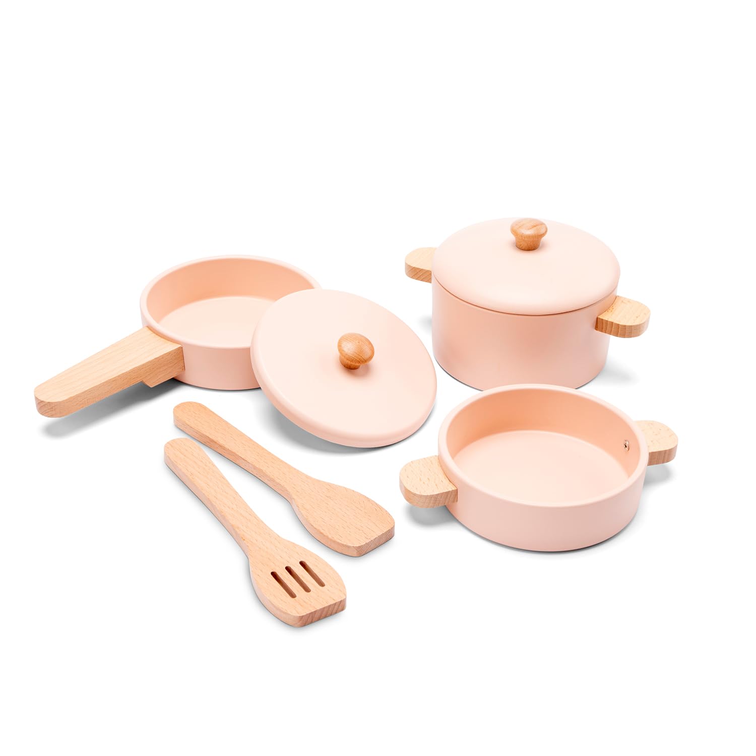 Woet® Juguete de Cocina de Madera para Niños Pequeños – Set de Ollas y Sartenes Rosa 7 Piezas – Accesorios de Cocina Infantil – A Partir de 2 Años – Regalo Infantil