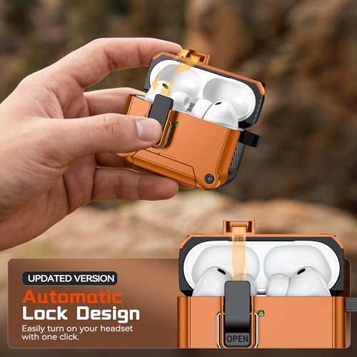 Image of Inesore for AirPods Pro 3 Case with Secure Lock (Orange) | Phone Stand Design,Compatible with MagSafe,Automatic Snap Switch Secure Cover with Cleaner Kit & Keychain