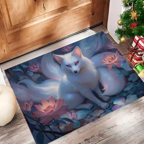 Blanc Paillasson pour Extérieur et Intérieur - Lotus Renard À Neuf Queues Welcome Tapis - 45 x 75 cm Tapis de Propreté Antidérapant pour Porte de Maison...