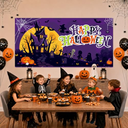 Image of Halloween Decorations Outdoor, Halloween Backdrop 65 inch x 32.7 inch Plastic Banner for Wall and Window, Spooky Party Decor, Indoor Outdoor Use, Outdoor Halloween Decorations, Trick or Treat Supplies
