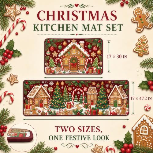 Christmas Kitchen Mat Gingerbread Rug Set of 2 Non Slip Holiday Decor - image 2