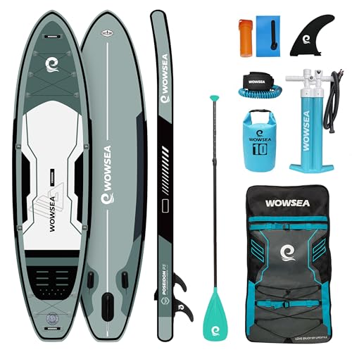WOWSEA Aufblasbares Paddle Board, Langlebiges und Stabiles Touren Paddelboard, Reisen & Freizeit SUP Board mit Dual oder Triple Action Pumpe, Fiberglaspaddel, Knöchelleine und Allround Zubehör