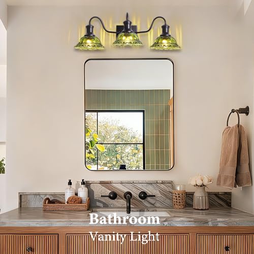 Image of Vintage Vanity Lights 3-Light, Black Bathroom Lights with Green Shade, Glass Bathroom Light Fixtures Over Mirror, Farmhouse Wall Sconce for Bathroom, Vanity Table, Entryway, Hallway