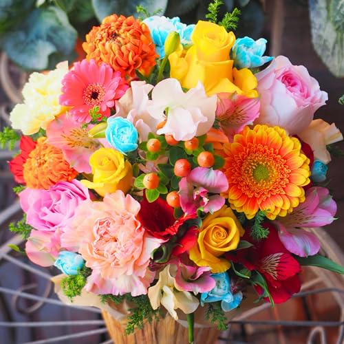 ナチュラルバスケットのフラワーアレンジメント アレンジメントフラワー アレンジメント ギフト 生花 花 プレゼント 手作り フレッシュフラワー 誕生日 結婚記念日 お祝い 開店祝い 還暦 母の日 ペット お供え (カラフル, M)