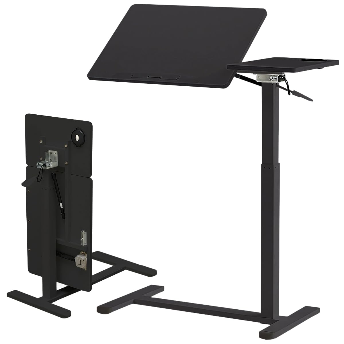Mesa de cama con ruedas, 80 x 40 cm, plegable de madera maciza, altura ajustable (73-110 cm), mesa de noche inclinable con elevador de gas, ruedas ocultas