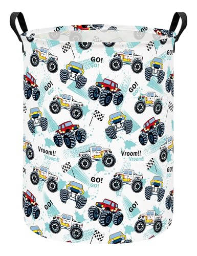Image of Monster Truck Fabric Storage Bin Nursery Organizer Basket | Organizer Bin Dirty Clothes Collapsible Waterproof for College Dorms, Boys and Girls Bedroom,Bathroom