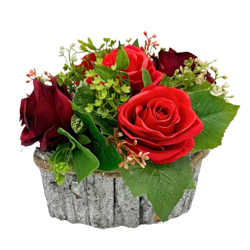 B4y Home dESING Kunstblumen Friedhofsgesteck Grabschmuck mit Rosen im Herz Topf | 17x25cm wie echt stimmungsvoll & robust - für Urnengrab Gedenkort Grabstätte | Innen & Außenbereich