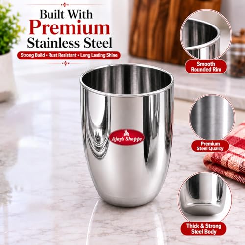 Image of Ajay's Shoppe Stainless Steel Drinking Glass Set of 6, 350 ml, 10 x 8 cm, Kullad Shape Steel Tumblers for Water, Juice & Lassi, Food Grade, Rust-Resistant