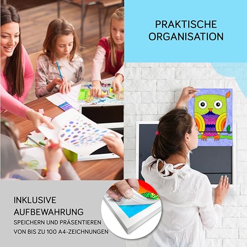 KidGallery Bilderrahmen für Kinderzeichnungen A4 – 2 weiße Wechselrahmen Kinderbilder A4 zum Aufklappen – Inklusive Malbuch – Einfache & organisierte Aufbewahrung – Kreatives Geschenk für Dekorationen