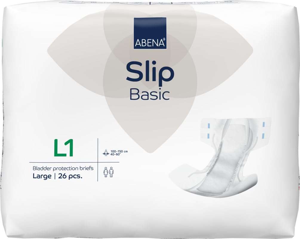 ABENA Slip Basic L1 | Pack of 26 | Incontinence Pads Women & Men with an Absorbency of 2300ML | Fast Absorbing Adult Nappies with a Odour Control System. ABENA Incontinence Pads Hip Size 100-150cm