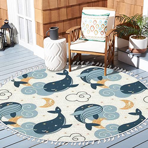 Ocean Beach Area Rugs Cute Whales Sleeping Clouds Fantasy Marine Animal Round Boho Area Rug Carpet Playmat Washable Hallway Runner Mat For Nursery Kid Room Bedroom Decoration Children Gift 4Ft #TOP1