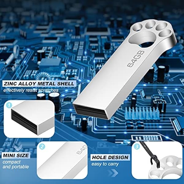 USB Flash Drive 64 GB, забавный тонкий USB 2.0, водонепроницаемый флеш-накопитель с брелоком, школа, офис, автомобиль, компьютер, ноутбук (серебристый)