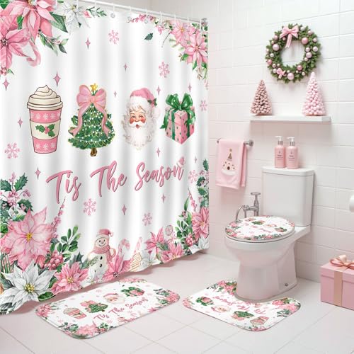 Mocsicka 4Pcs Christmas Shower Curtain Set Cute Santa Claus Pink Floral Xmas Trees Bow Snowflake Shower Curtain Set Bathtub Bath Mat Toilet Lid Cover for Christmas Bathroom Decor
